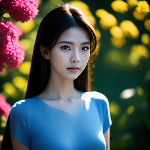 Beautiful Thai woman, 25 years old, with a clearly focused face., Her long ponytail flowed up.,Chest 36 inches “Dark blue t-shirt., Looking straight at you intently, with red flowers, ชนบทท้องฟ้ากลางคืนสว่างWarm light,) Warm light,)  professional lighting,...