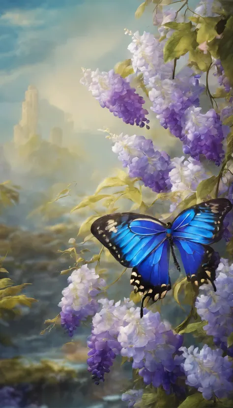 All expressed with jewels, the arrival of spring, various beautiful wisteria flowers, Cobalt blue Swallowtail butterfly,
, angles looking up from below, various jewels falling from the sky, wonderful and beautiful superb view, slightly hazy, fantastic, hig...