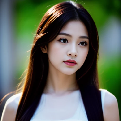 Beautiful Thai woman, 25 years old, with a clearly focused face., His long hair flowed up.,Chest 36 inches, dark orange t-shirt, Various postures, Looking straight at you intently, with red flowers, ชนบทท้องฟ้ากลางคืนสว่างWarm light,) Warm light,)  profess...