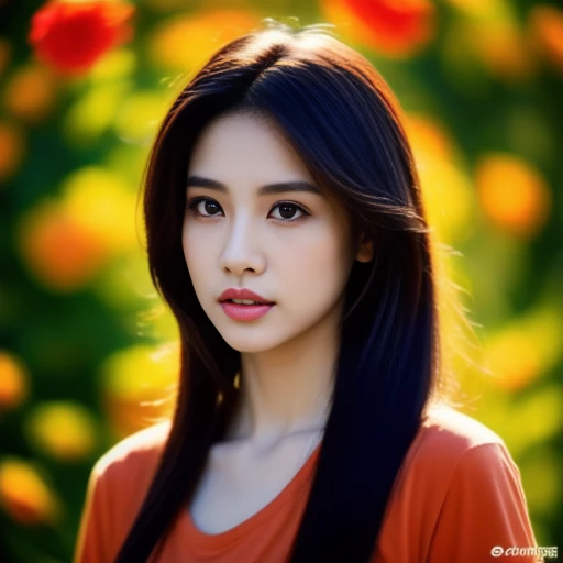 Beautiful Thai woman, 25 years old, with a clearly focused face., His long hair flowed up.,Chest measurement 36 inches, dark orange t-shirt, Various postures, Looking straight at you intently, with red flowers, ชนบทท้องฟ้ากลางคืนสว่างWarm light,) Warm ligh...