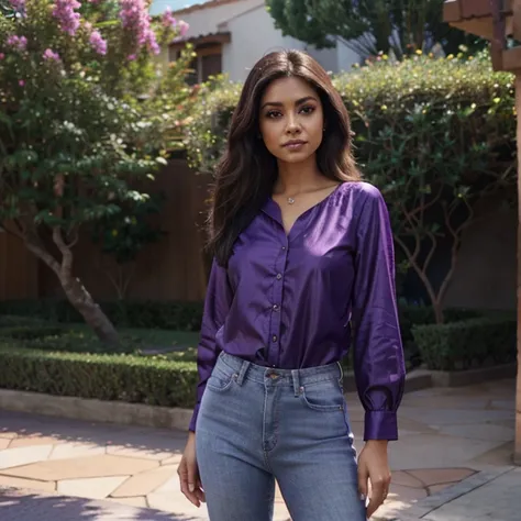  morena,cabelos preto, dressed in a lilac blouse and jeans, sapatos roxo. Desenho pixar, Disney 4K