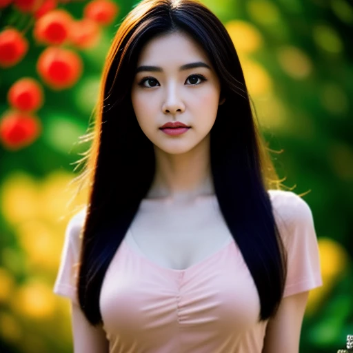 Beautiful Thai woman, 25 years old, with a clearly focused face., His long hair flowed up.,Large chest measures 38 inches around the chest., red t-shirt, dark orange, Various postures, Looking straight at you intently, with red flowers, ชนบทท้องฟ้ากลางคืนส...