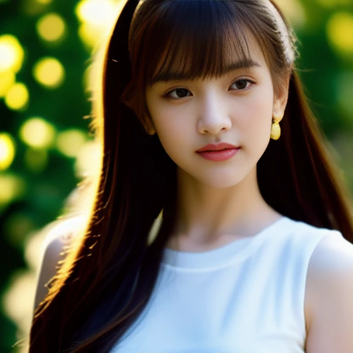 Beautiful Thai woman, 25 years old, with a clearly focused face.,The ponytail is very beautiful., His long hair flowed up.,Large chest measures 38 inches around the chest., dark red t-shirt, Various postures, Looking straight at you intently, with red flow...