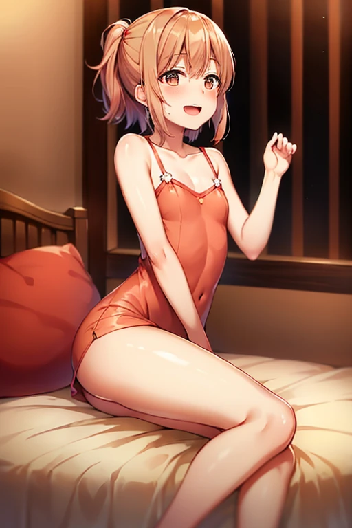 ((highest quality)), ((masterpiece)), (be familiar with), Perfect Face, indoor, Bedroom, Watching the audience,
One woman, Yuigahama Yui,
Open Mouth, Ecstatic expression, blush, smile,
Small breasts, Flat Chest, Young Girl, , , Girl,
Short Hair, Salmon-col...