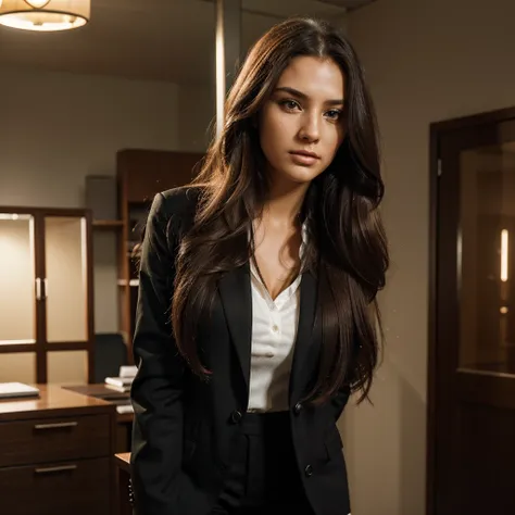 a successful beautiful girl in a business suit, detailed facial features, long hair, confident pose, elegant office interior, intricate details, realistic lighting, photorealistic, high resolution, detailed description, masterpiece, vibrant colors, cinemat...