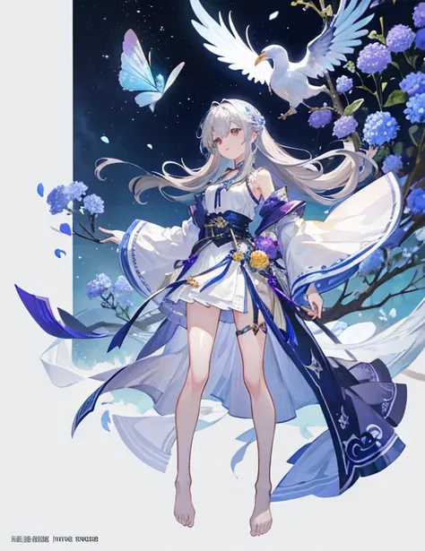 (masterpiece、最high quality、high quality)、One Girl、Girl with hydrangea in bloom、The tips of the hair are blue、Gray Hair、Long Hair、Wavy Hair、Short dress、Wind、Standing posture、An illustration、Looks energetic、Open hands、Relaxed pose、西洋Windファンアート，Rich in detail...