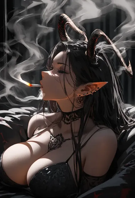 a succubus rapidly smoking cigarettes, piercings, devil horns, rapidly smoking cigarettes, sucking very hard on cigarette, deeply inhaling, the cigarette ash is growing very long, the cigarette ash is very long, SMOKE IN MOUTH, lots of cigarette ash, 