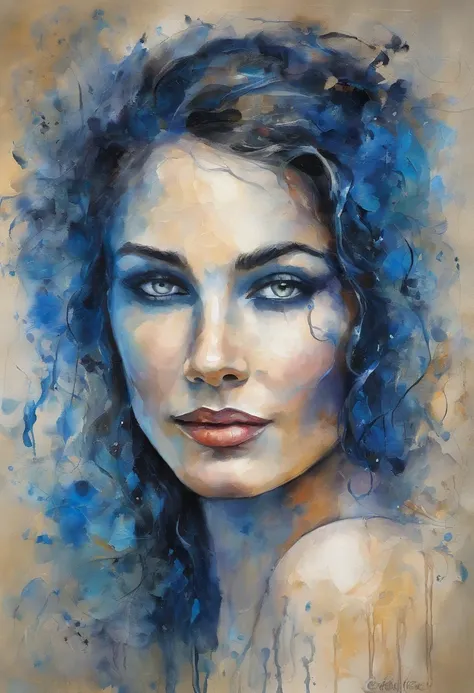 Impressionist Palette Knife Oil Painting.........In the Art Nouveau style of Gustav Klimt "Neon Reverie" Prompt message: "Close-up of a woman with a beautiful face There were glowing blue letters projected on the face and neck. Women&#39;s eyes are express...