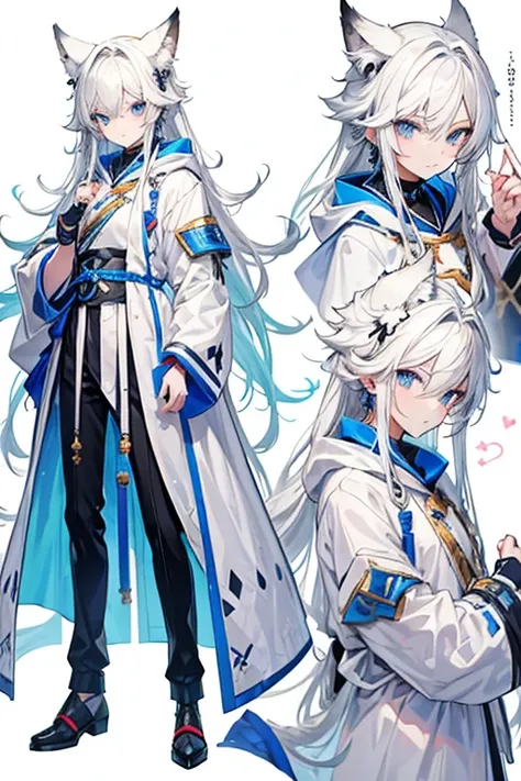 Best Quality、masutepiece、face perfect、8K High Resolution、(1 boy), animesque, animesque boy, White hair, Long hair、Light blue eyes, Wearing a long, white, Open coat, secured with a black sash、was wearing a white hood, white and gold outline, And a gold chai...