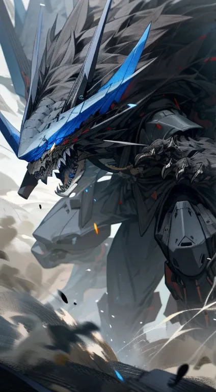 White and black mechs, Dragon helmet, Claw weapons, Giant claws, Attack, Blue, Navy, extremly high detail, black, beast, Animal, mito, Dark, cavalier, Crush, 4 legs,