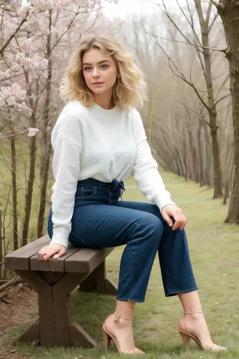 belle femme,20 ans,blonde,en pantalons avec pull ,sur un banc dans la nature,foret et champ de fleurs derrière, boucles d'oreill...