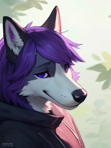 ((( adorable all black anthropomorphic dog with a purple stripe going on the middle of its face and to the top with purple hair on the very top of the head really close up to the camera like a profile picture ))) , big chest , day, , sensual, detailed, upl...