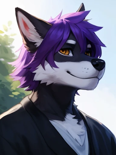 ((( adorable all black anthropomorphic dog with a purple stripe going on the middle of its face and to the top with purple hair on the very top of the head really close up to the camera like a profile picture ))) , big chest , day, , sensual, detailed, upl...