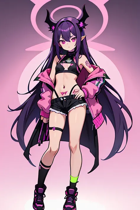 anime girl with pink and purple mix long hair, wearing black full bra, a half full hand length jacket loose over shoulder, Black shorts with neon green trimming, thigh nets on the right leg, net socks on left leg, shoes, small heart tatto on left thigh, su...