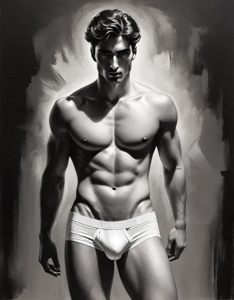 chiaroscuro technique on sensual illustration of an arafed man in white underwear, sexy masculine, diego fazio, male model, by Ludovit Fulla, model with attractive body, inspired by Ludovit Fulla, mid-shot of a hunky, the model draped in flowing, Use a gra...