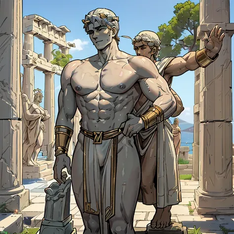 (((2 male characters- an elderly ancient greek sculptor wearing classic greek erotic attire is sculpting a petrified lewd stone ...