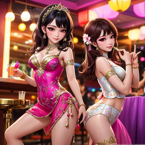 Lovely sexy ladyboys dance and flirt in a ladyboy bar in Bangkok. Colorful uniforms and lingerie for the lady boys. the bar is having a  with lots of decorations