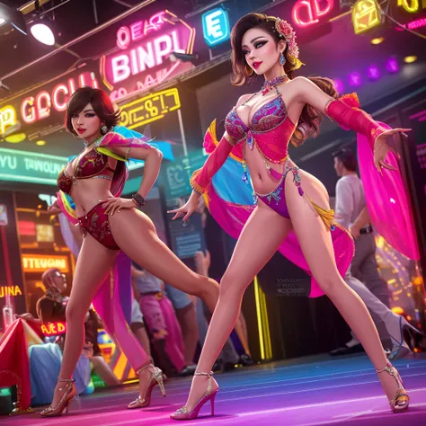 a beautiful ladyboy with stunning eyes and lips, elegant high heels, colorful lingerie, posing sensually on a stage, neon lights, crowded ladyboy bar in Bangkok, vibrant colors, dynamic dance movements, highly detailed, photorealistic, 8k, best quality