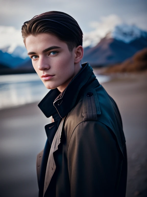 portrait of a beautiful young man, 21 years old, wearing a trench coat, elegant black trench coat, snowy mountains, geek model, ...