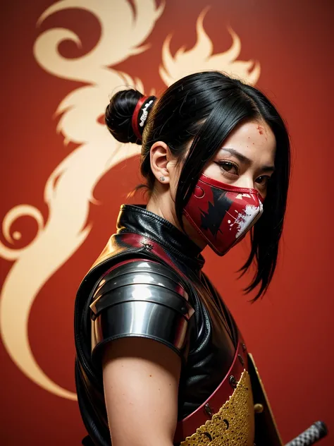 samurai, cyberpunk theme, two-tone, black hair, side view, from side, monochrome, red theme, white theme, shadowed face, shiny eye, red eyes, smoke, masked, hidden face, samurai armor, cowboy shot, red katana, red blood stain, standing, red background, pai...