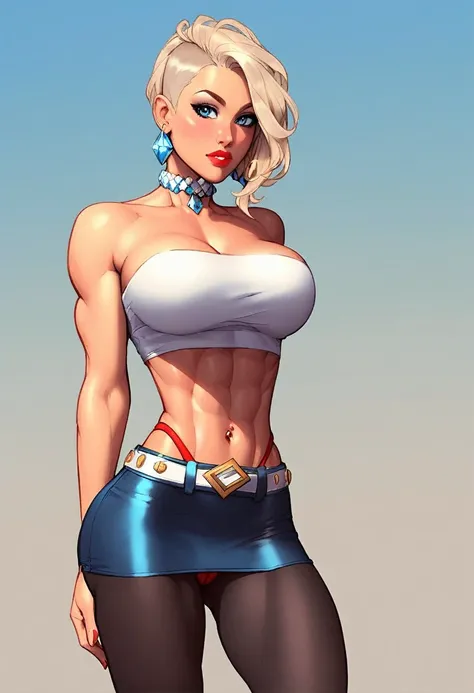 score_9, score_8_up, score_7_up, score_6_up, score_5_up, score_4_up, comic art illustration, BREAK; blonde 22 yo hottie, (asymmetrical hair-length bob haircut), platinum blonde hair, diamond earrings, diamond choker, braless see-through cropped top, large ...