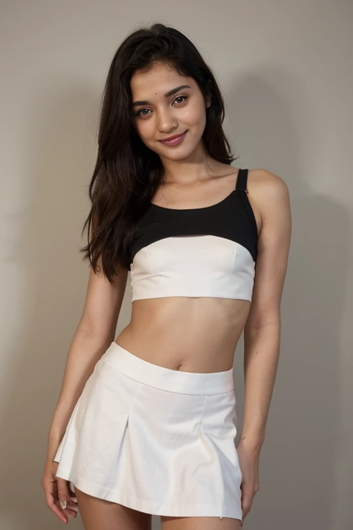 A beautiful Indian cute girl smile , sexy poses, perfect anatomy, sexy , curvy body, wearing small black top and long white skirt