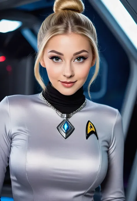 hyperrealistic beautiful busty 18-year-old women with long legs wearing startrek cosplay outfit, model shooting full body photography, natural blonde classic bun, dark eye makeup with eyeliner, seductive smile, small necklace, 8K, Best quality, Meisterwerk...