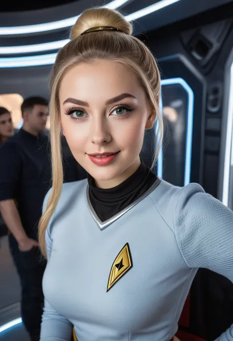 hyperrealistic beautiful busty 18-year-old women with long legs wearing startrek cosplay outfit with miniskirt, model shooting full body photography, natural blonde classic bun, dark eye makeup with eyeliner, seductive smile, small necklace, 8K, Best quali...