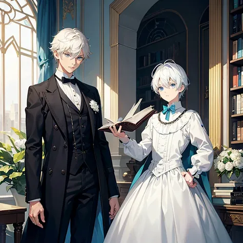 Little male , light complexion, short white hair, aquamarine blue eyes, serious, black and white Victorian mens clothing with books in hand