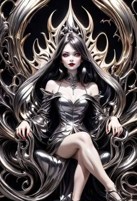 liquid metal sculpture, a vampiress sitting on a throne