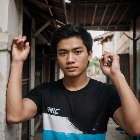 Realistic Photography, Beautiful Young indonesia chinese male, modern tshirt rip curl with hand up