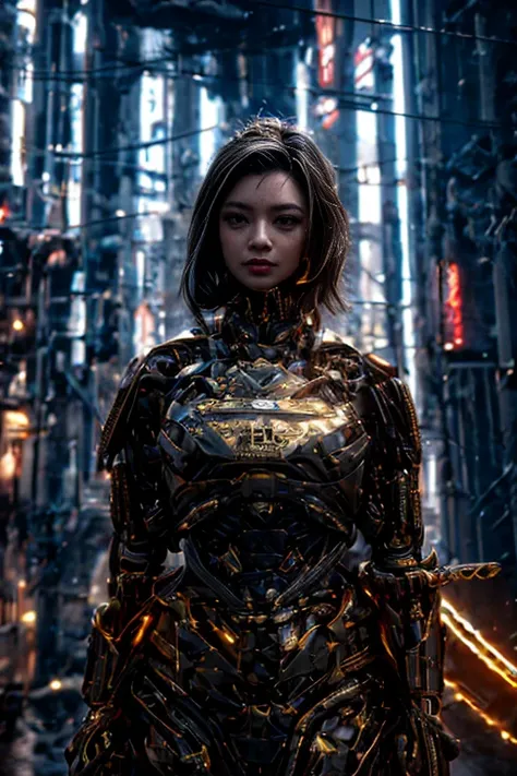 a girl in a golden armour, absurdist cyberpunk, afro-samurai, photorealistic, 8k, highly detailed, vivid colors, dramatic lighting, sci-fi, dystopian, cybernetic weapons, year 3000, masterpiece