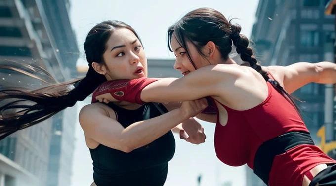 Two women punching each other、Facial expression distorted by pain、Angry expression、Crossed fists、Cross punch、Finding、Combat pose、Beautiful action game characters、Artistic battle scenes、Subtle Combat Technique、High-quality action movie depictions、Delicate k...