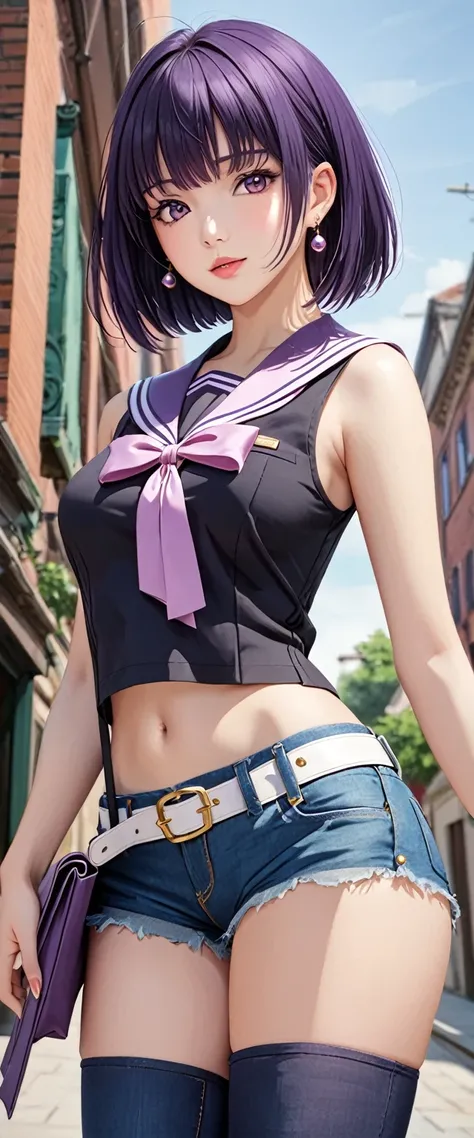 (best quality, masterpiece:1.2), 1girl, beautiful face, beautiful body, Sailor Saturn, earrings, denim, belt, vibrant colors, realistic lighting, detailed shading, professional portrait, dynamic pose, urban background