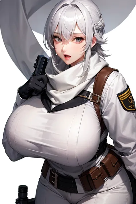 Mommy short white gray hair huge with very big and huge breasts with tactical  uniform scarf very beautiful and very detailed