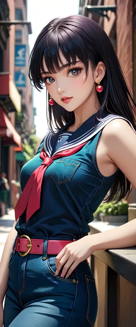 (best quality, masterpiece:1.2), 1girl, beautiful face, beautiful body, sailor pluto, earrings, denim, belt, vibrant colors, rea...