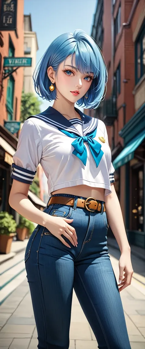 (best quality, masterpiece:1.2), 1girl, beautiful face, beautiful body, Sailor Uranus, earrings, denim, belt, vibrant colors, realistic lighting, detailed shading, professional portrait, dynamic pose, urban background