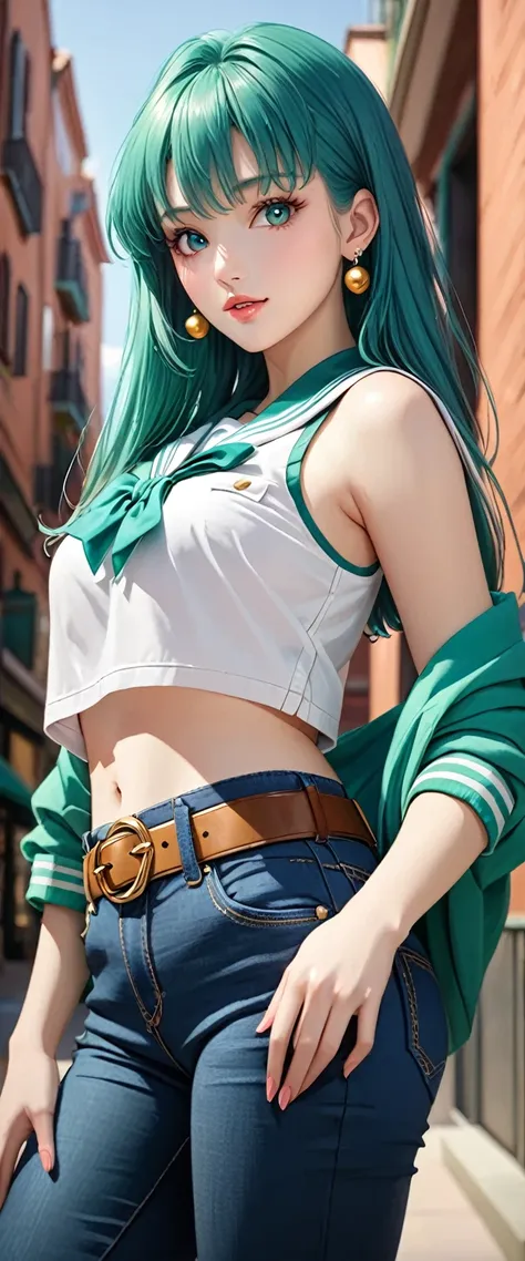 (best quality, masterpiece:1.2), 1girl, beautiful face, beautiful body, Sailor Neptune, earrings, denim, belt, vibrant colors, realistic lighting, detailed shading, professional portrait, dynamic pose, urban background