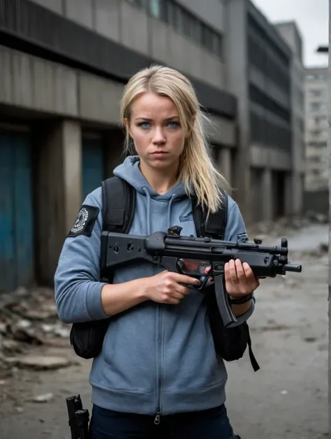 danish police 24 years old woman in post apocalyptic city, holding mp5, aiming with mp5, hkmp5 by brandon anschultz, ready to fi...