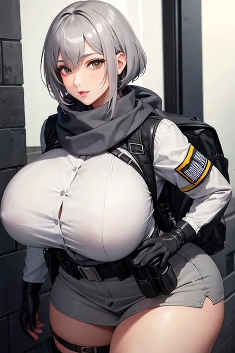 Mommy short gray hair huge with very big and huge breasts wearing tactical  uniform scarf very beautiful and very detailed