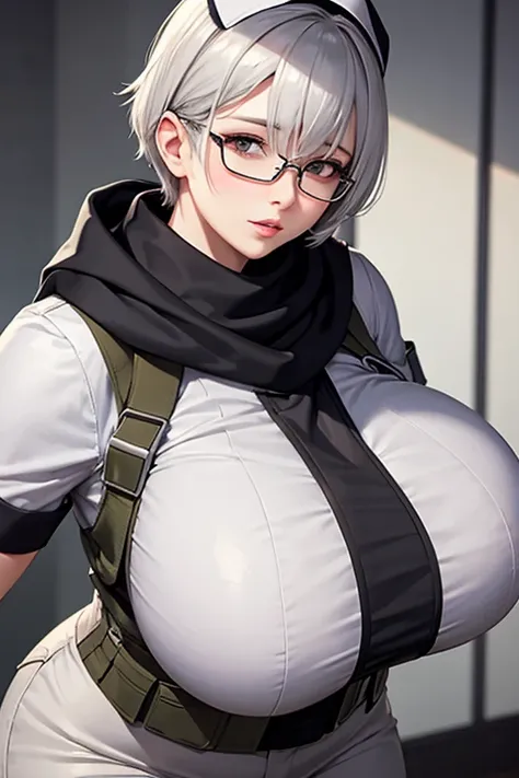 Mommy short gray hair huge with very big and huge breasts with  uniform tactical nurse scarf glasses very beautiful and very detailed