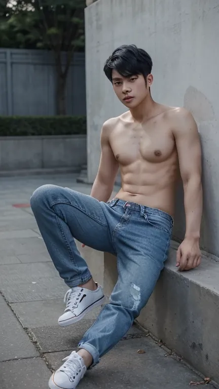 Korean young man, topless, blue jeans, modern hair, wide torso, black shoes.