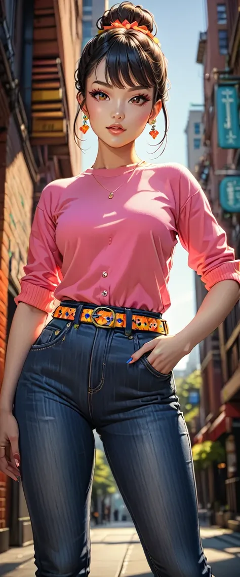 (best quality, masterpiece:1.2), 1girl, beautiful face, beautiful body, Chi chi, earrings, denim, belt, vibrant colors, realistic lighting, detailed shading, professional portrait, dynamic pose, urban background