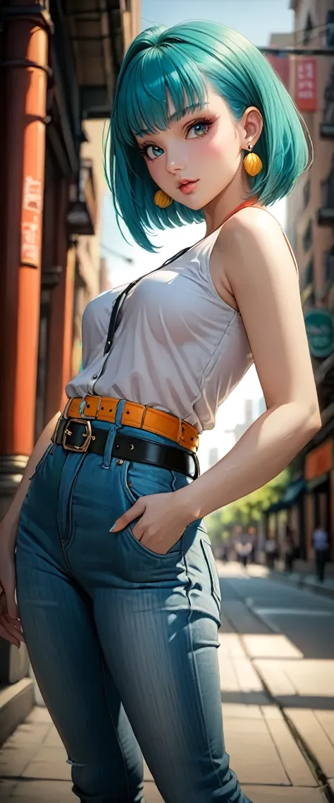 (best quality, masterpiece:1.2), 1girl, beautiful face, beautiful body, bulma, earrings, denim, belt, vibrant colors, realistic ...