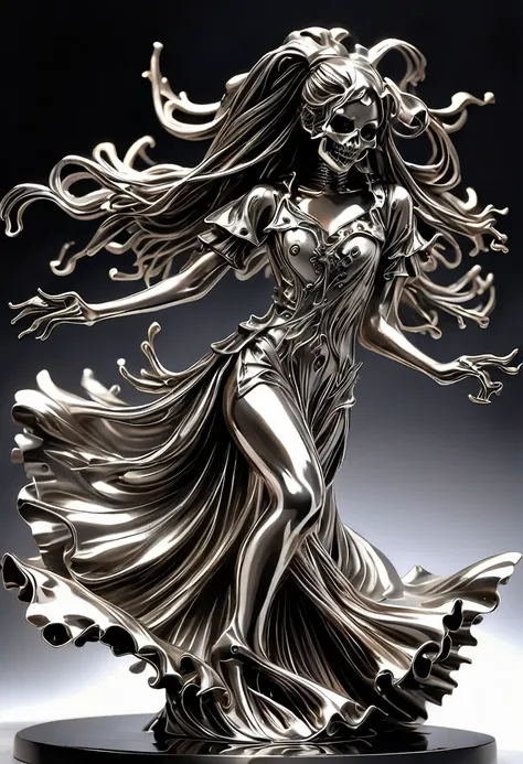 liquid metal sculpture, a demon girl dancing with a skeleton