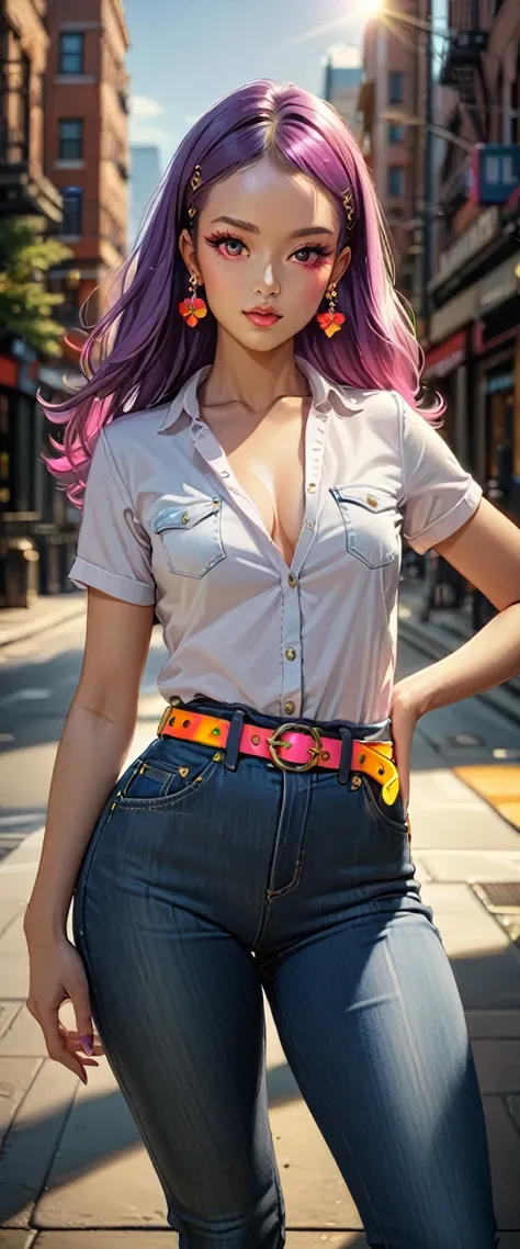 (best quality, masterpiece:1.2), 1girl, beautiful face, beautiful body, Chi chi, earrings, denim, belt, vibrant colors, realistic lighting, detailed shading, professional portrait, dynamic pose, urban background