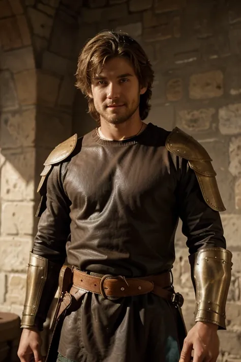 a shaggy-haired twenty year old man, muscular athletic build, broad shoulders, shadow of facial hair, sandy blond/brown hair, friendly smile, medieval leather and cloth tunic, sword sheathed on his belt, shield strapped to his back, highly detailed, photor...