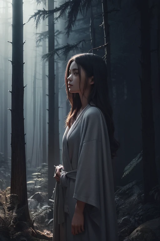 Beautiful girl in a gray robe standing in a dark forest, Magnificent style, Octane Rendering, Desert Composition, Beautiful Face, Surreal, Oil on canvas, Award-winning, masterpiece, Trending on Art Station, Studio Ghibli