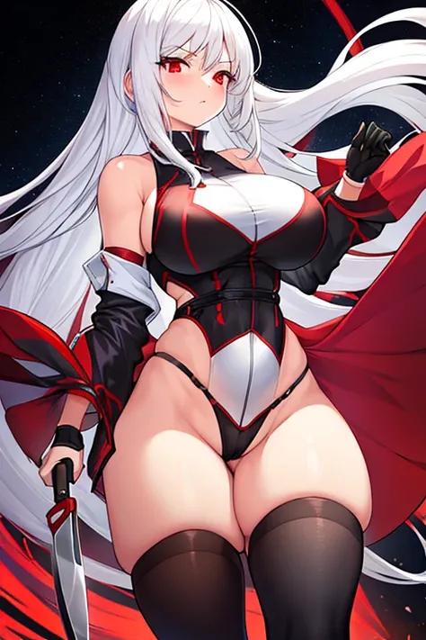 1girl, white hair, long hair, red eyes, serious, glowing eyes, large breasts, thick thighs, mature female, athletic  female, toned, leotard, black leotard, thighhighs, belt, knife