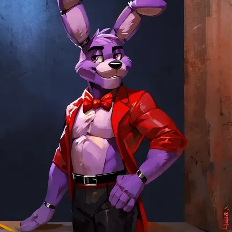 purple rabbit from fnaf 1, bonnie, bonnie rabbit, solo, male, purple rabbit, perfect nose, rabbit ears, long ears, male face, ha...